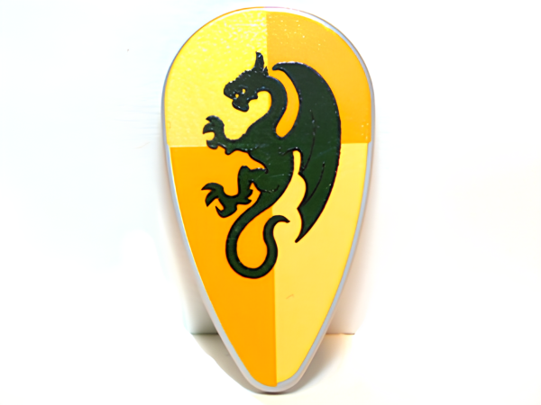 Щит Lego Minifigure, Shield Ovoid with Dark Green Dragon on Bright Light Orange and Bright Light Yellow Quarters Background Pattern 2586p4k